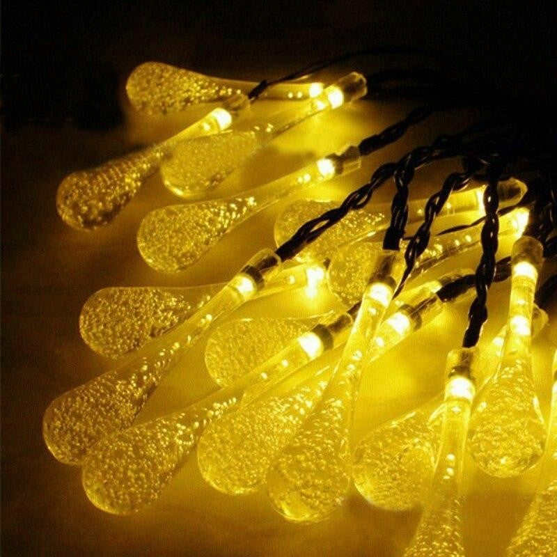 Instalatie Craciun, Tip Picaturi, 30 Led-uri, 6.5 metri, Alb cald, Energie solara, Senzor de lumina, Kaveny