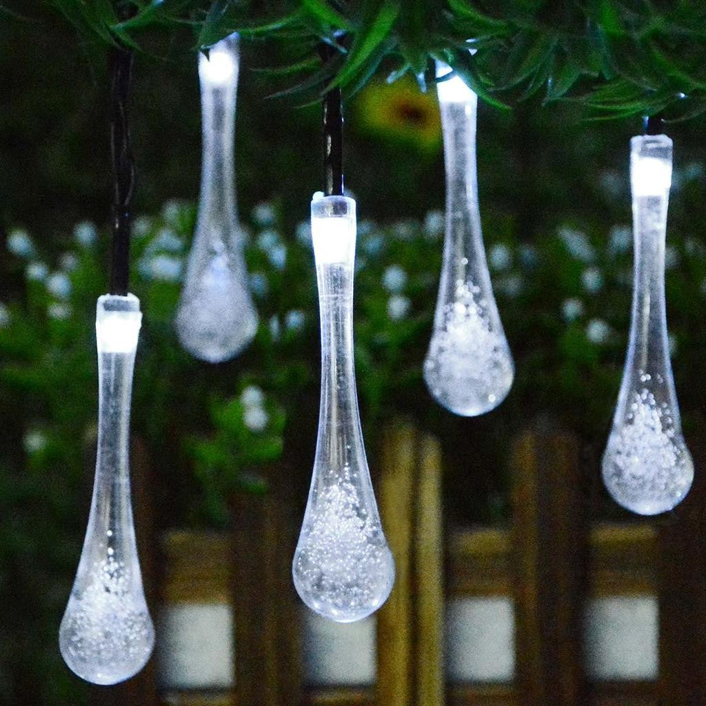 Instalatie Craciun, Tip Picaturi, 30 Led-uri, 6.5 metri, Alb rece, Energie solara, Senzor de lumina, Kaveny