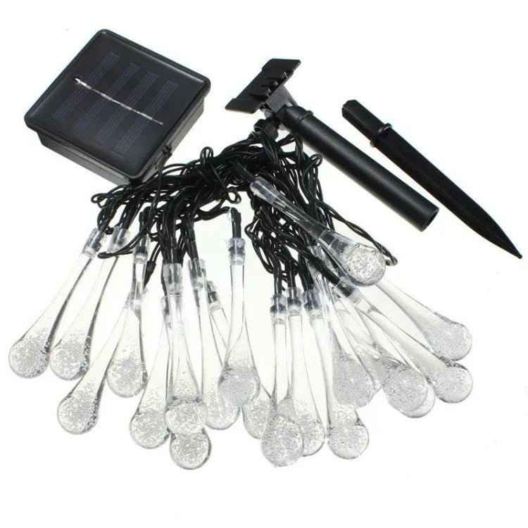 Instalatie Craciun, Tip Picaturi, 30 Led-uri, 6.5 metri, Alb rece, Energie solara, Senzor de lumina, Kaveny