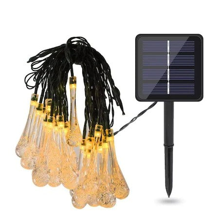 Instalatie Craciun, Tip Picaturi, 50 Led-uri, 9.5 metri, Alb cald, Energie solara, Senzor de lumina, Kaveny