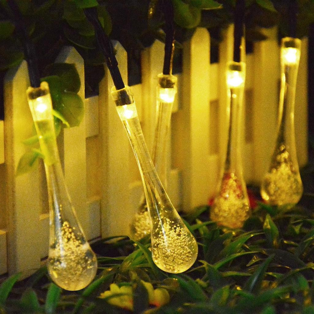 Instalatie Craciun, Tip Picaturi, 50 Led-uri, 9.5 metri, Alb cald, Energie solara, Senzor de lumina, Kaveny