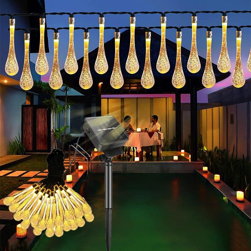 Instalatie Craciun, Tip Picaturi, 50 Led-uri, 9.5 metri, Alb cald, Energie solara, Senzor de lumina, Kaveny