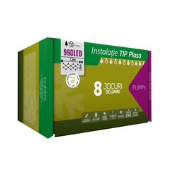 Instalatie Craciun, Tip Plasa, 12 m x 1.5 m, 960 LED-uri, Alb cald, 8 jocuri de lumini, Transformator, Interconectabila, Prelungitor 5 m inclus, Fir transparent, Kaveny