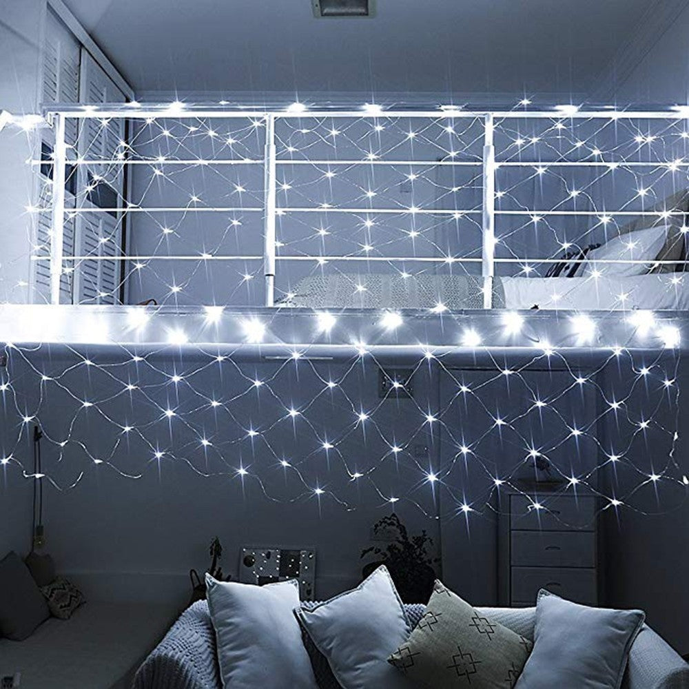 Instalatie Craciun, Tip Plasa, IP 44, 25 x 1 m, 1120 LED-uri, Alb rece, 8 jocuri de lumini, Transformator fara telecomanda, Interconectabila, Prelungitor 5 m inclus, Fir transparent, Kaveny