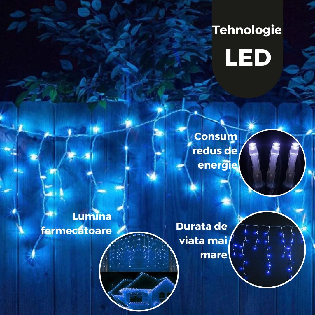 Instalatie Craciun Yoto, Tip Franjuri/Turturi, 4 m, 120 LED-uri, Prelungitor 1.5 m, 8 Jocuri de Lumini, Interconectabila, Conectare la Retea, Fir transparent, Interior/Exterior, Albastru
