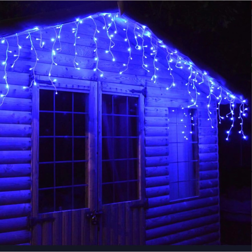Instalatie Craciun Yoto, Tip Franjuri/Turturi, 4 m, 120 LED-uri, Prelungitor 1.5 m, 8 Jocuri de Lumini, Interconectabila, Conectare la Retea, Fir transparent, Interior/Exterior, Albastru