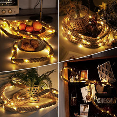 Instalatie Luminoasa, Kadeny, cu Fir de Cupru, 2 m, 40 LED-uri, Model Sfoara de Canepa, cu Baterii, IP44, Alb Cald