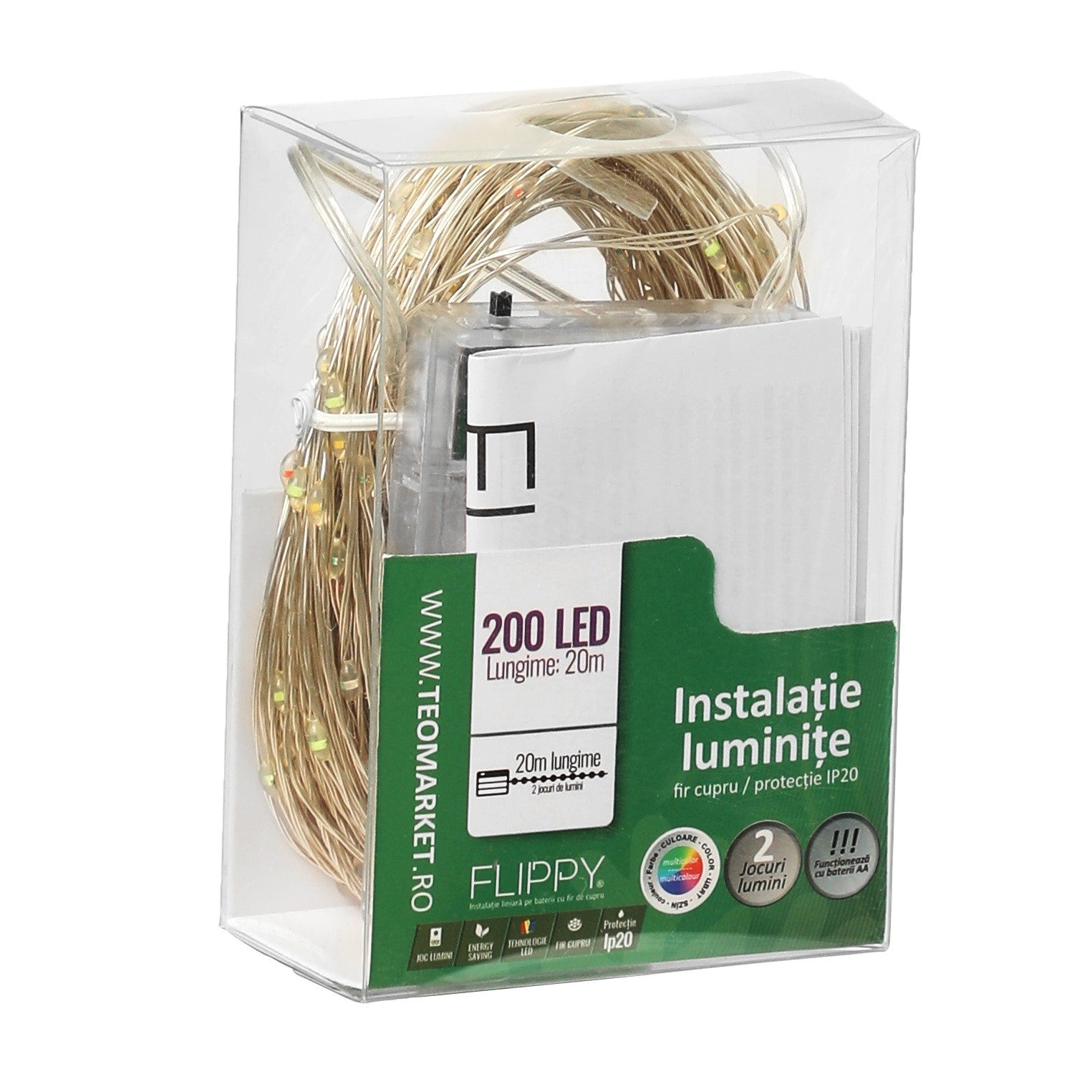 Instalatie de Craciun, Liniara, 20 m, Baterii, 200 LED-uri, Multicolor, 2 Jocuri de Lumini, Fir Cupru, Interior/Exterior, Kaveny