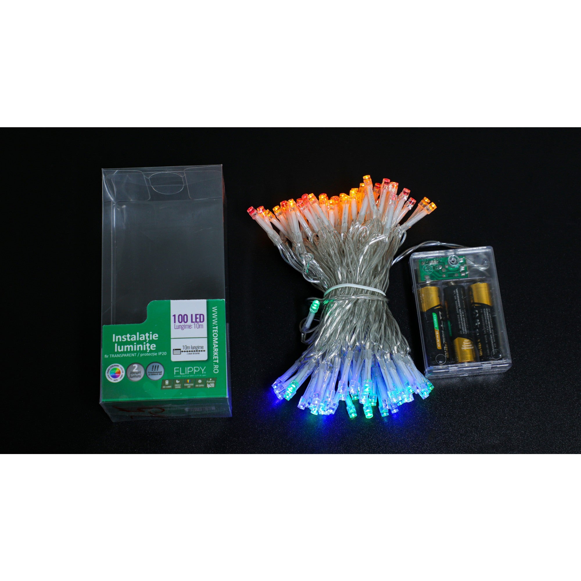 Instalatie de Craciun cu Baterii Tip Liniar, 2 jocuri de lumini, Fir Transparent 10 m 100 LED -uri, Multicolor
