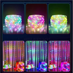 Instalatie de Craciun Kaveny, liniara, cu 200 micro LED-uri, 20 m, 220V, conectare la retea, cu 8 jocuri de lumini, interior/exterior, fir transparent, 3 fire cupru, multicolora