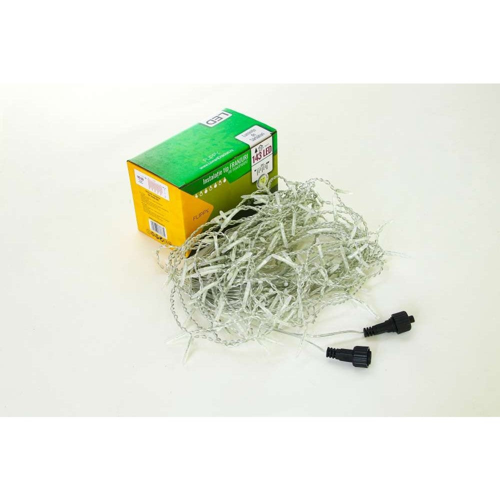 Instalatie de Craciun Kadeny® Tip Franjuri, 8 jocuri de lumini cu transformator, 25 m, 715 LED-uri, Interconectabila, Fir Transparent, Alb Cald