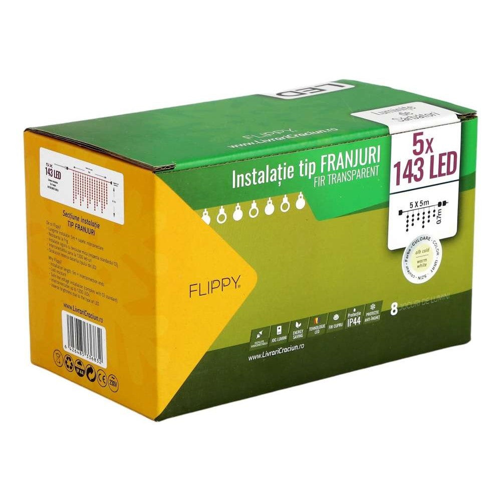 Instalatie de Craciun Kadeny® Tip Franjuri, 8 jocuri de lumini cu transformator, 25 m, 715 LED-uri, Interconectabila, Fir Transparent, Alb Cald