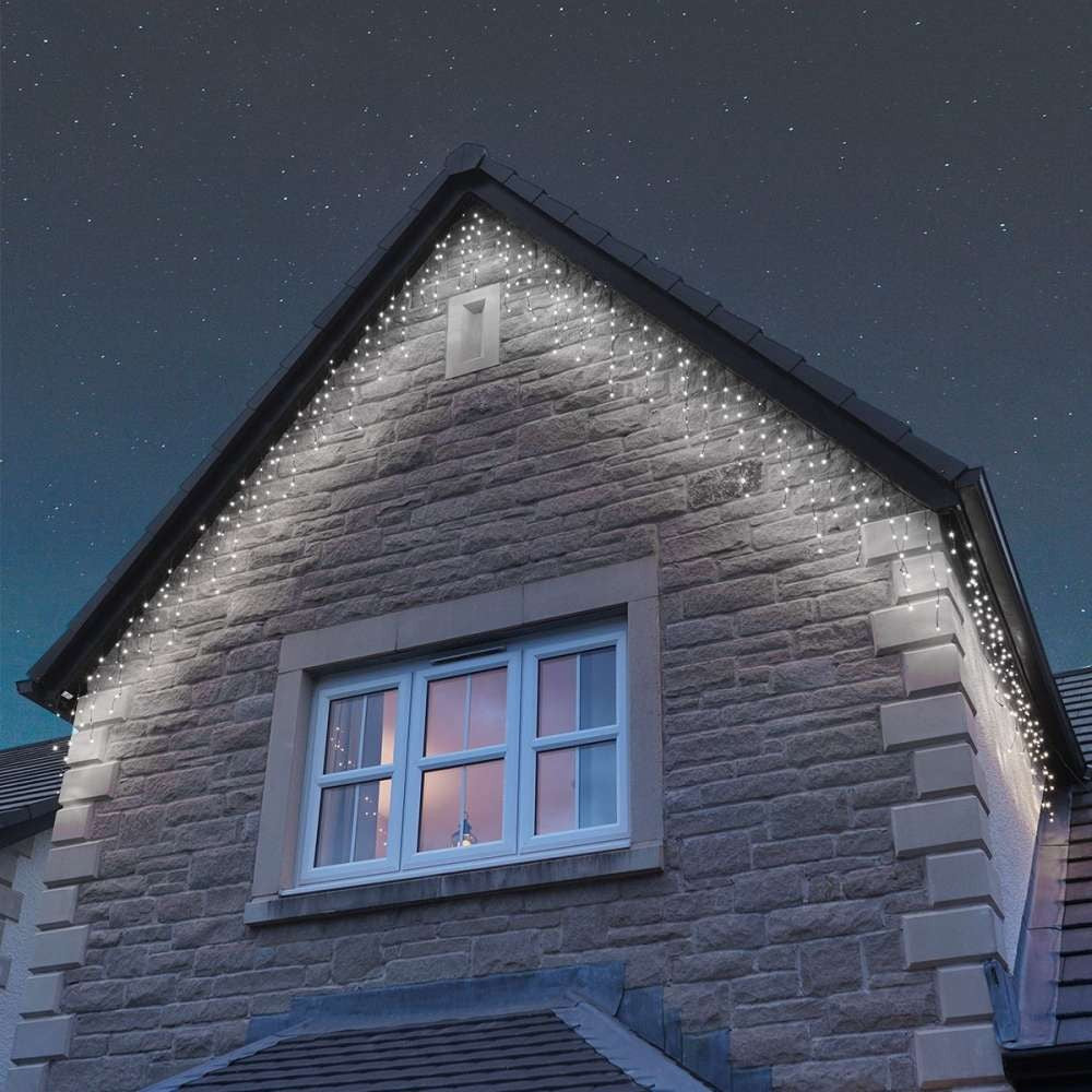 Instalatie de Craciun Kadeny® Tip Franjuri, 8 jocuri de lumini cu transformator, 35 m, 1001 LED-uri , Interconectabila, Fir Transparent, Alb Rece