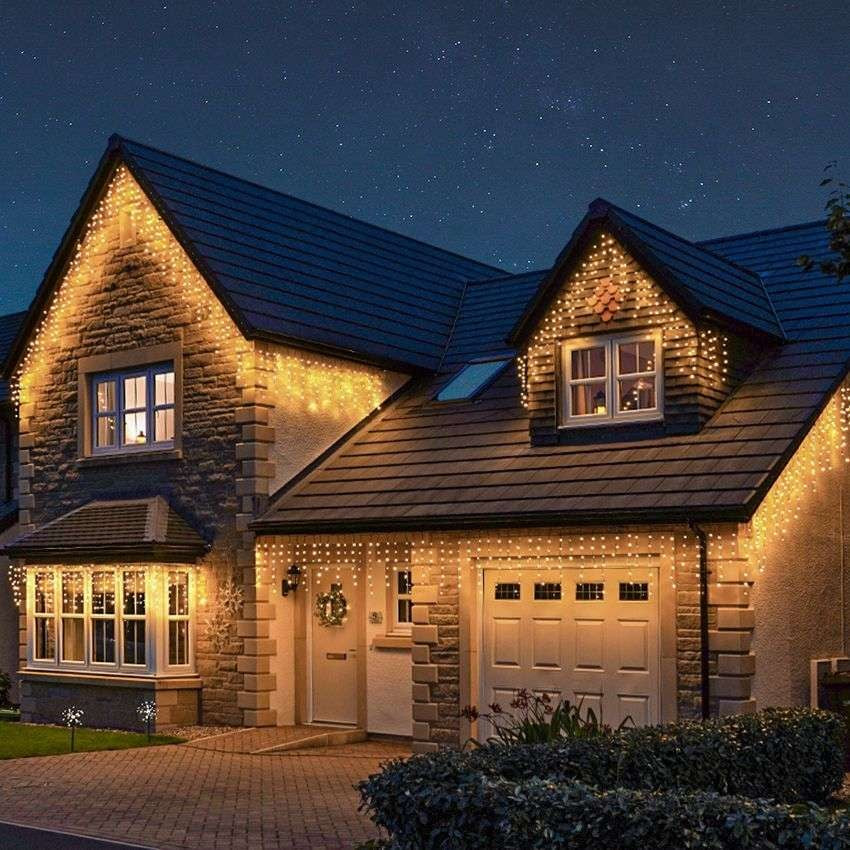 Instalatie de Craciun Kadeny® Tip Franjuri, 8 jocuri de lumini cu transformator, 40 m, 1144 LED-uri, Interconectabila, Fir Negru, Alb Cald