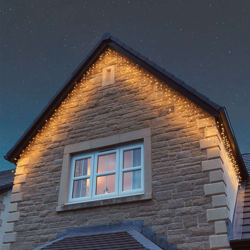 Instalatie de Craciun Kadeny® Tip Franjuri, 8 jocuri de lumini cu transformator, 40 m, 1144 LED-uri, Interconectabila, Fir Transparent, Alb Cald