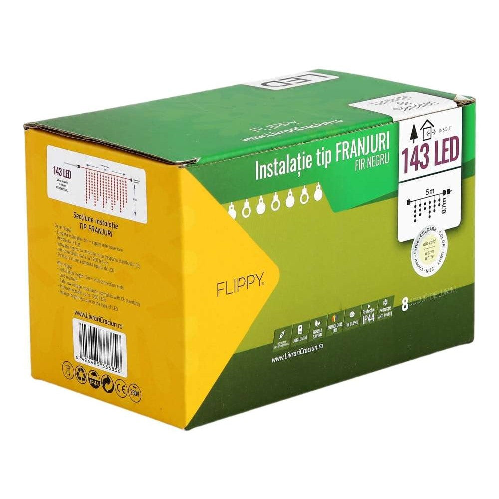 Instalatie de Craciun Kadeny® Tip Franjuri, 8 jocuri de lumini cu transformator, 5 m, 143 LED-uri, Interconectabila, Fir Negru, Alb Cald