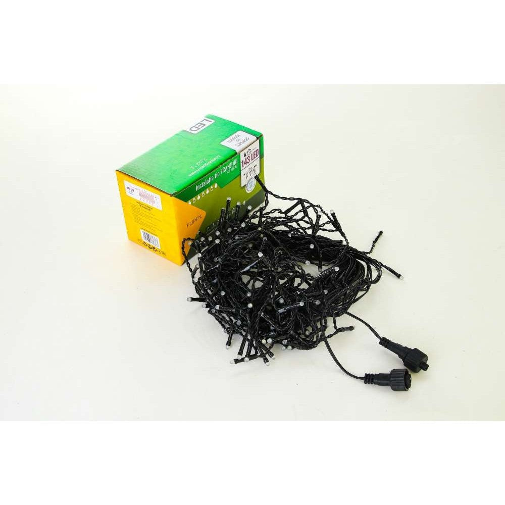 Instalatie de Craciun Kadeny® Tip Franjuri, 8 jocuri de lumini cu transformator, 5 m, 143 LED-uri, Interconectabila, Fir Negru, Alb Rece