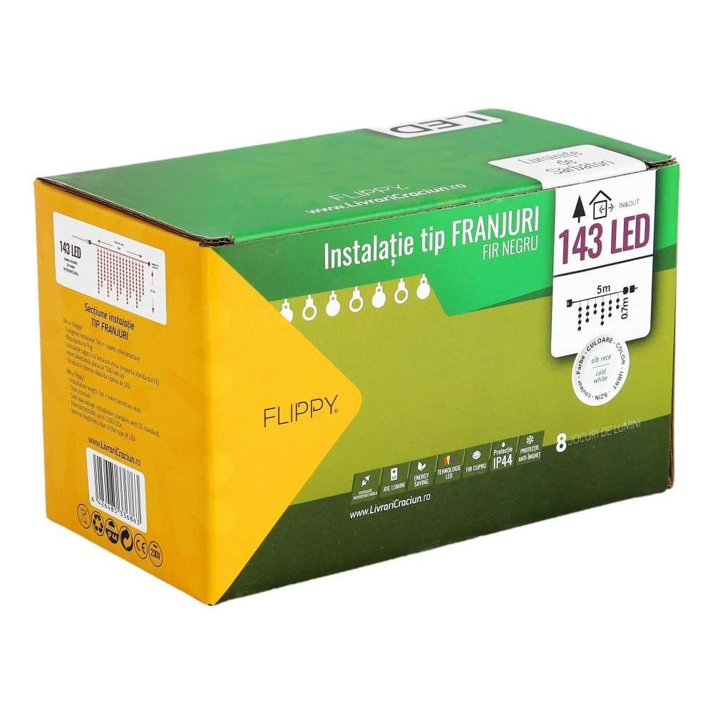 Instalatie de Craciun Kadeny® Tip Franjuri, 8 jocuri de lumini cu transformator, 5 m, 143 LED-uri, Interconectabila, Fir Negru, Alb Rece