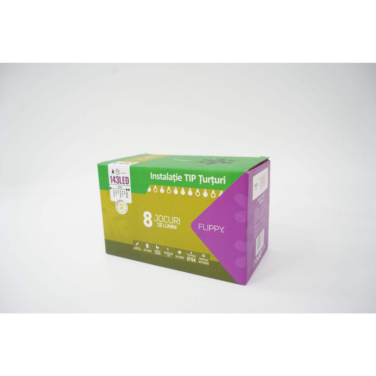 Sectiune Instalatie de Craciun, Flippy®, Tip Turturi, Fara Alimentator, 5m, 143 LED-uri, 8 Jocuri de Lumini, Fir Negru, Lumina Alb Cald, IP44, Interconectabila