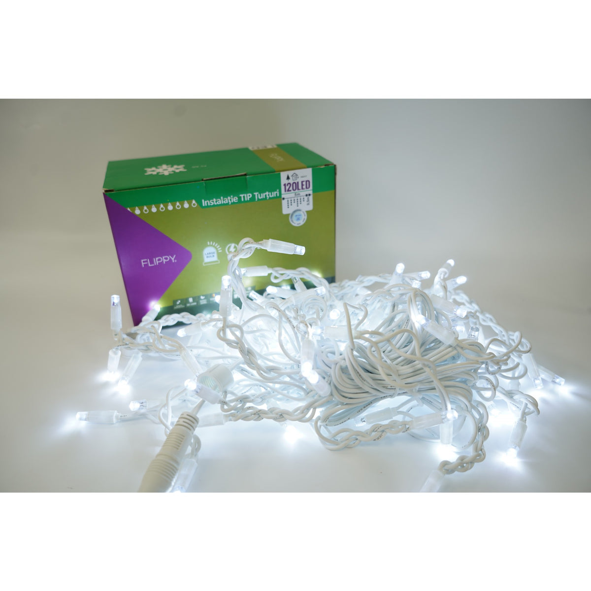 Instalatie de Craciun Kaveny® Tip Franjuri cu Flash, IP65, Sectiune 5 m, 120 LED-uri, Interconectabila, Fir Alb, Alb Rece, Atentie! Nu contine Alimentator