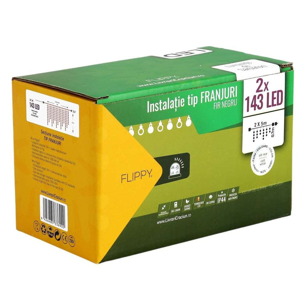 Instalatie de Craciun Kadeny® Tip Franjuri, Flash, cu transformator, 10 m, 286 LED-uri, Interconectabila, Fir Negru, Alb Rece