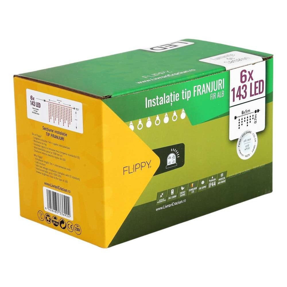 Instalatie de Craciun Kadeny® Tip Franjuri, Flash, cu transformator, 30 m, 858 LED-uri, Interconectabila, Fir Alb, Alb Rece