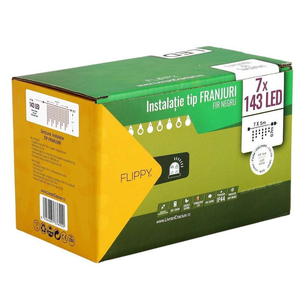 Instalatie de Craciun Kadeny® Tip Franjuri, Flash, cu transformator, 35 m, 1001 LED-uri, Interconectabila, Fir Negru, Alb Rece