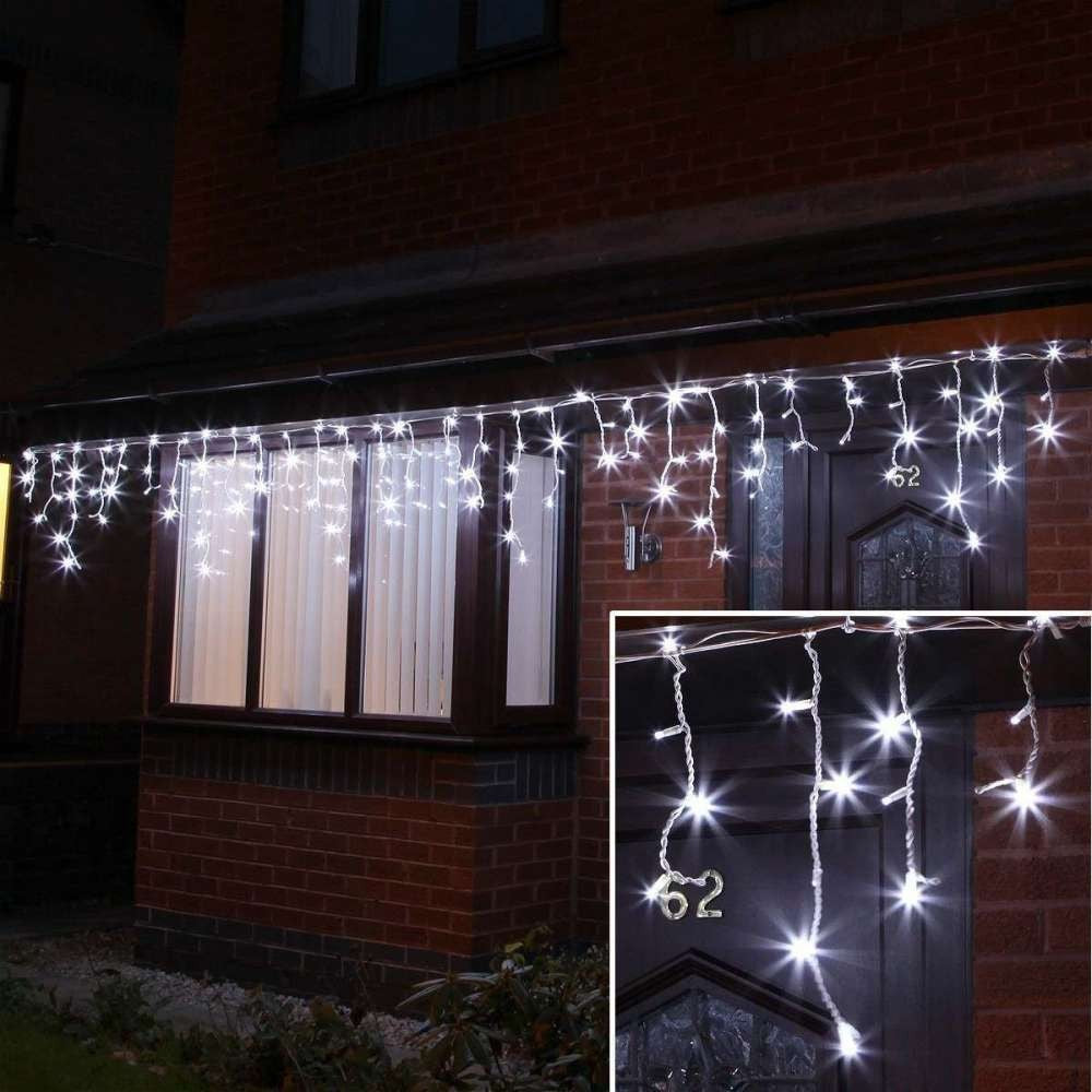 Instalatie de Craciun Kadeny® Tip Franjuri, Flash, cu transformator, 40 m, 1144 LED-uri, Interconectabila, Fir Alb, Alb Rece