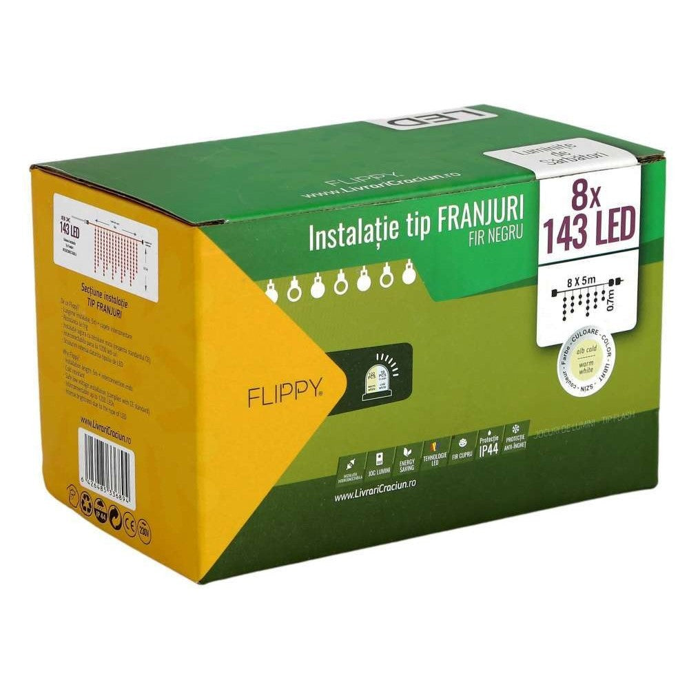 Instalatie de Craciun Kadeny® Tip Franjuri, Flash, cu transformator, 40 m, 1144 LED-uri, Interconectabila, Fir Negru, Alb Cald