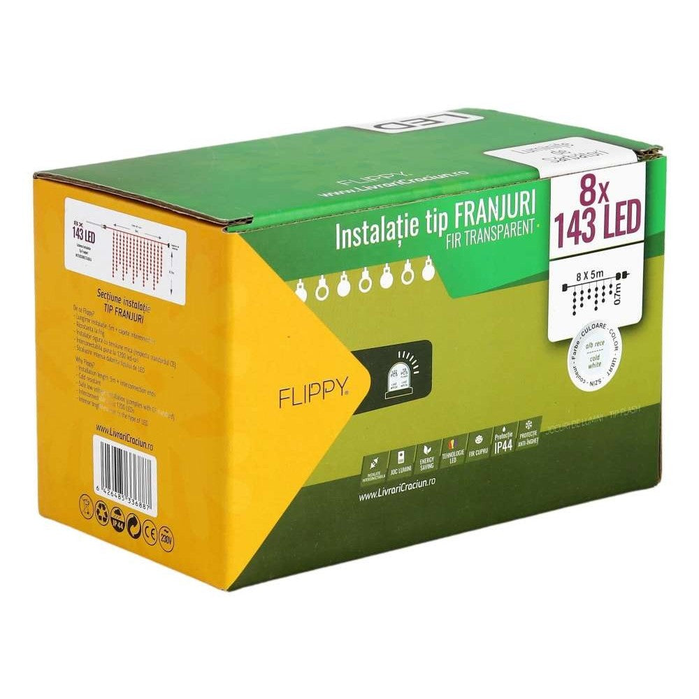 Instalatie de Craciun Kadeny® Tip Franjuri, Flash, cu transformator, 40 m, 1144 LED-uri, Interconectabila, Fir Transparent, Alb Rece