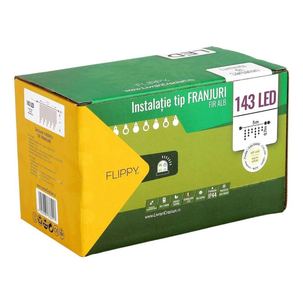 Instalatie de Craciun Kadeny® Tip Franjuri, Flash, cu transformator, 5 m, 143 LED-uri, Interconectabila, Fir Alb, Alb Cald