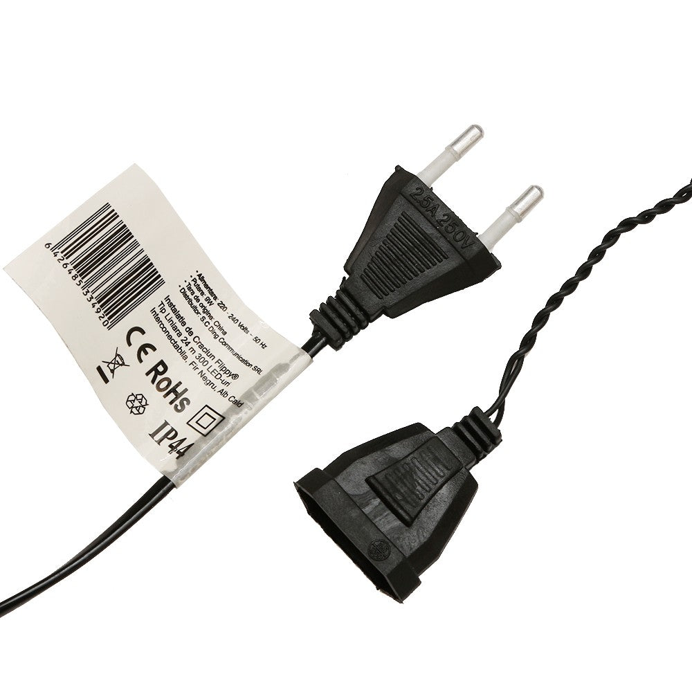 Instalatie de Craciun Kaveny® Tip Liniara, Fir Negru, 24 m, 300 LED-uri, Interconectabila, Alb Cald