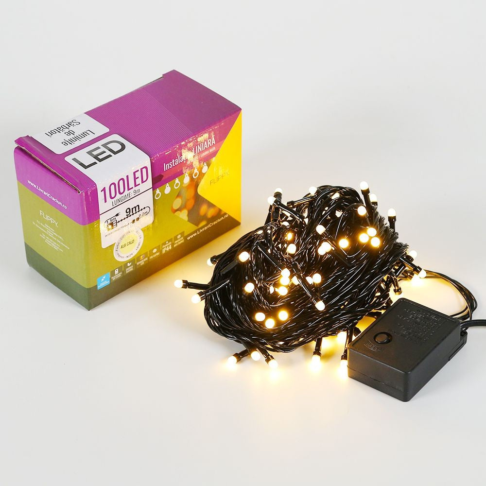 Instalatie de Craciun, Kaveny®, Tip Liniara, Fir Negru, 9 m, 100 LED-uri, Interconectabila, Alb Cald