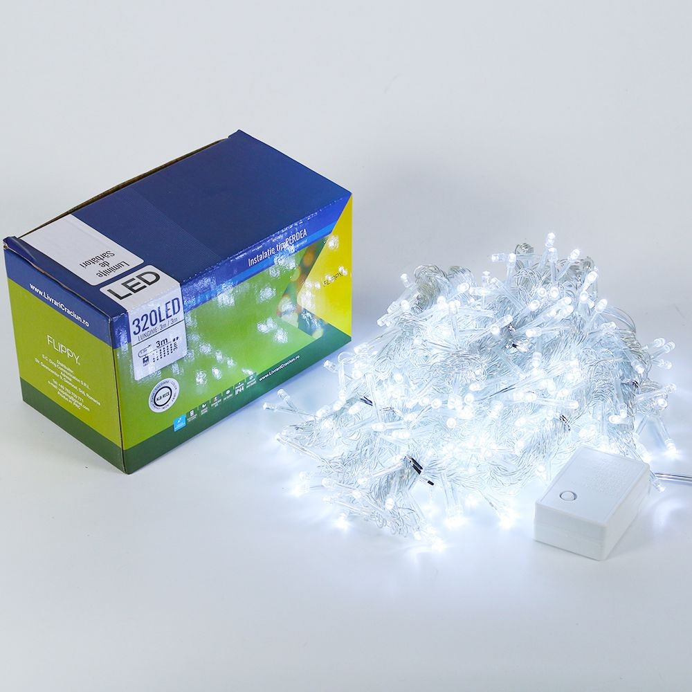 Instalatie de Craciun Kaveny® Tip Perdea, 3 x 3 m, 320 LED-uri, Interconectabila, Alb Rece