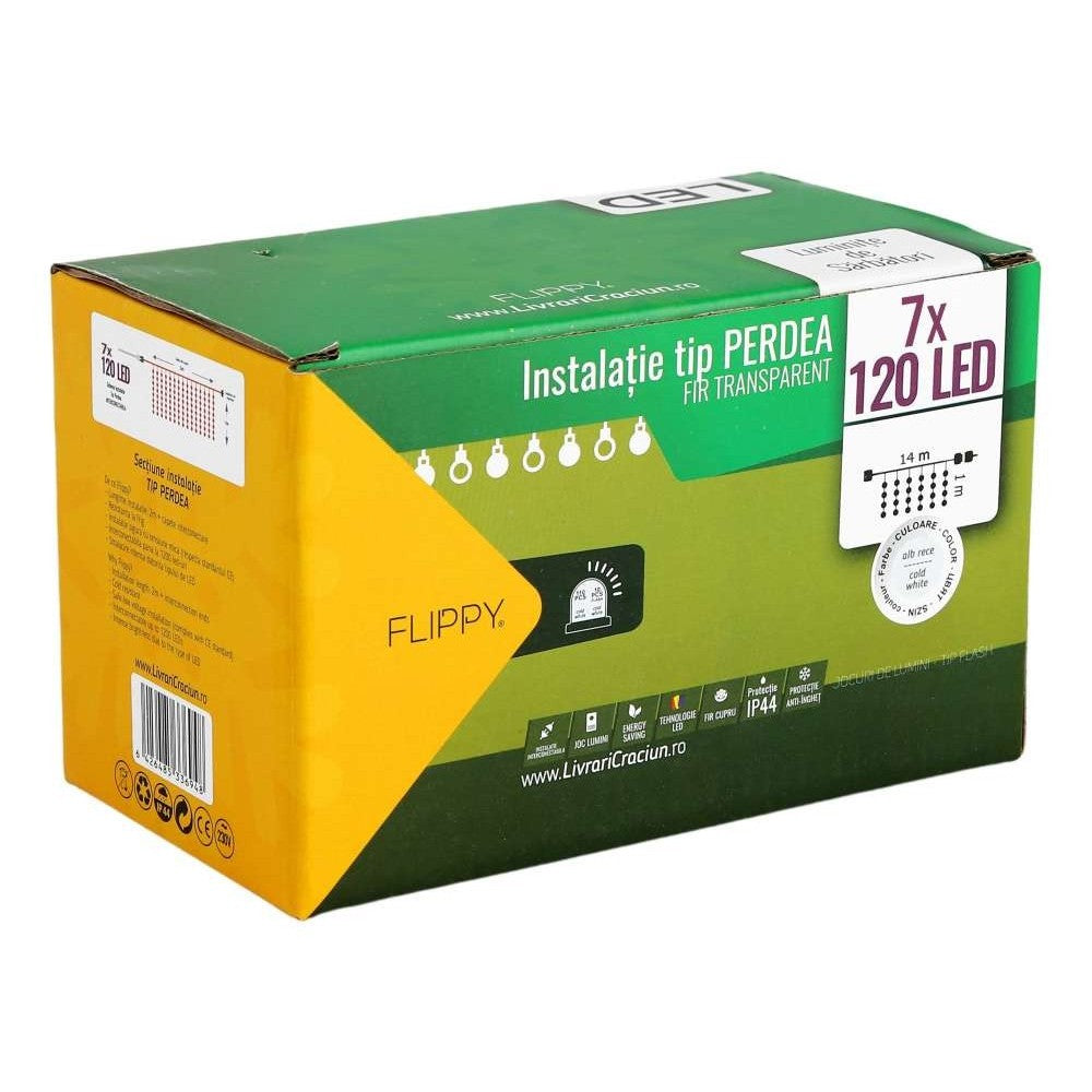 Instalatie de Craciun Kadeny® Tip Perdea, Flash, cu transformator, 14m x 1m, 840 LED-uri, Interconectabila, Fir Transparent, Alb Rece