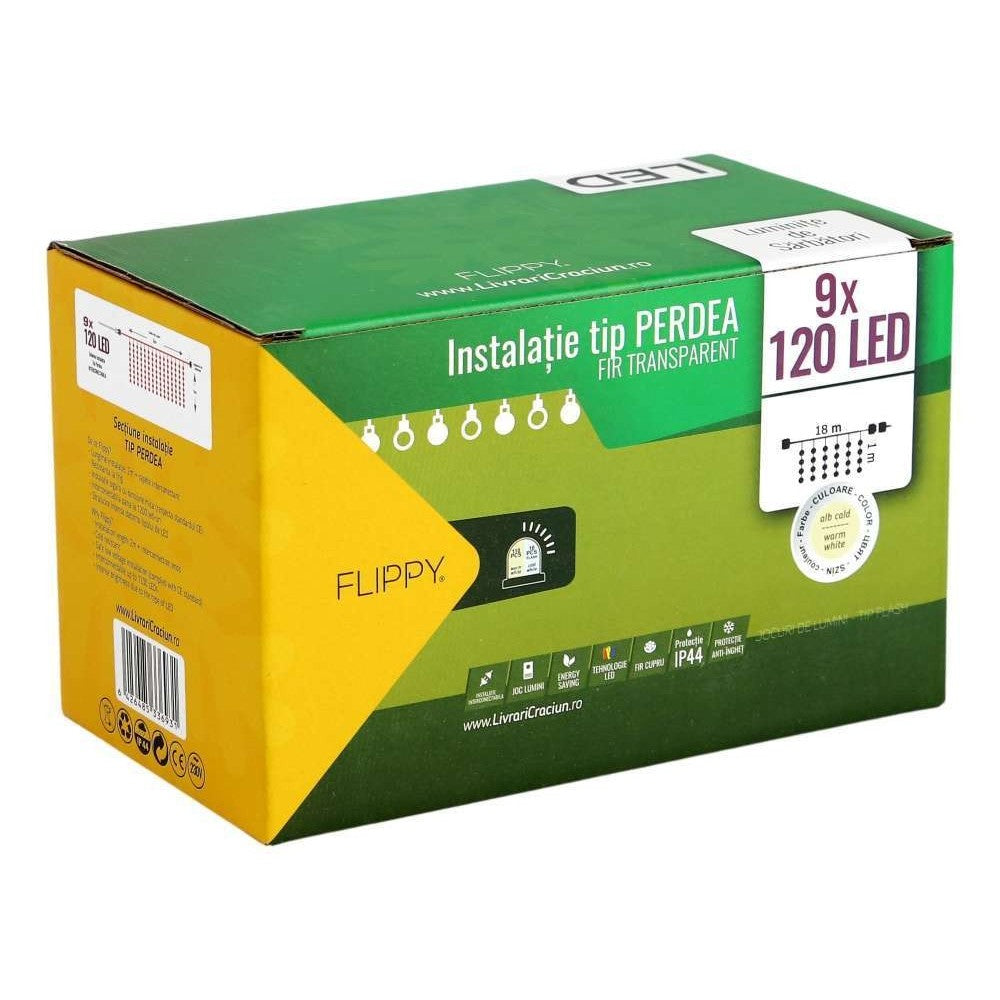 Instalatie de Craciun Kadeny® Tip Perdea, Flash, cu transformator, 18m x 1m, 1080 LED-uri, Interconectabila, Fir Transparent, Alb Cald