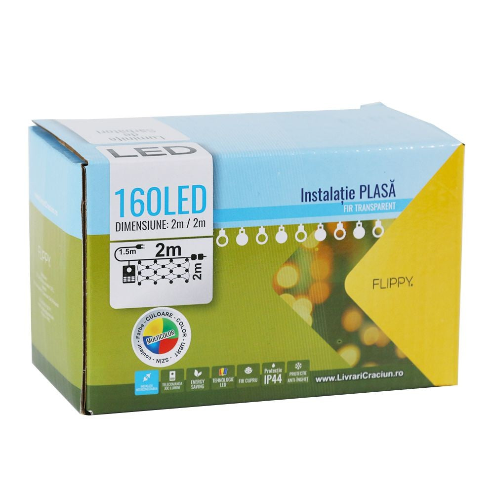 Instalatie de Craciun, Kaveny®, Tip Plasa, 2 x 2 m, 160 LED-uri, Interconectabila, Multicolor