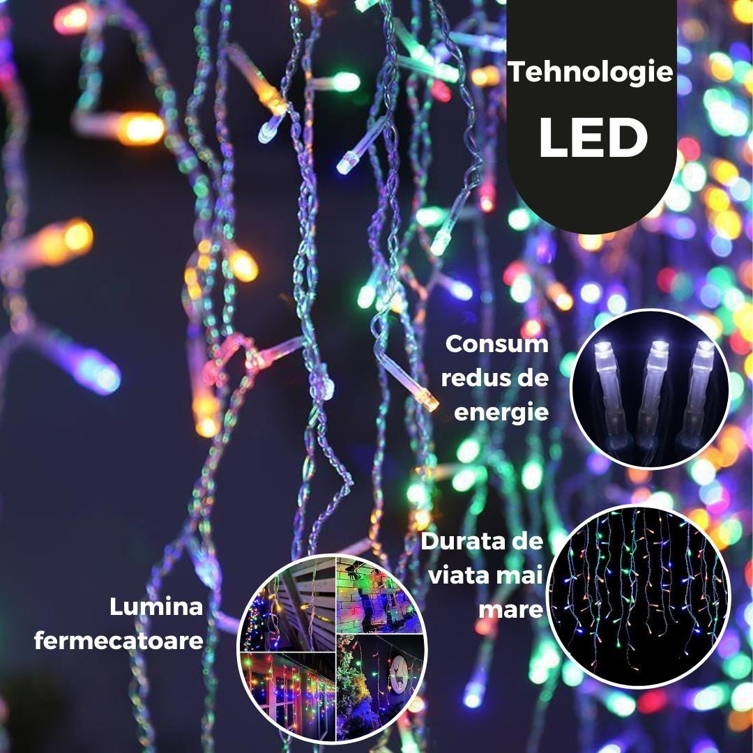Instalatie de Craciun, Kaveny®, Tip Turturi, Sectiune 5 m, 143 LED-uri, 8 Jocuri de Lumini, Fir Negru, Lumina Multicolora, IP44, Interconectabila