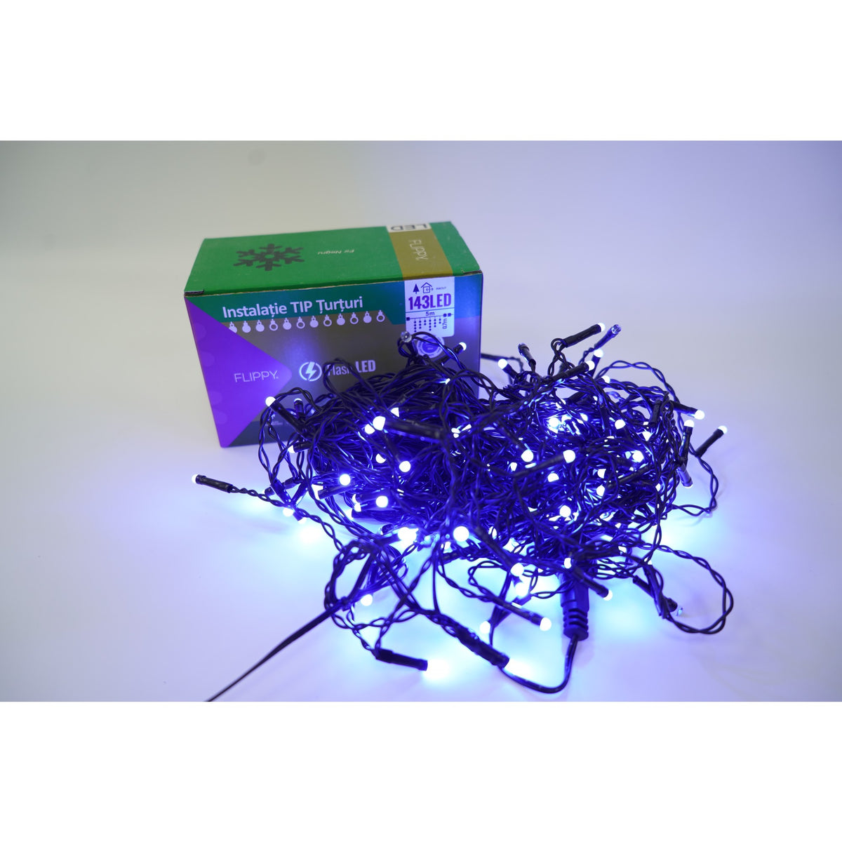 Instalatie de Craciun Kaveny® Tip Turturi, Franjuri cu Flash, Sectiune 5 m, 143 LED-uri, Interconectabila, Fir Negru, Albastru,Fara transformator
