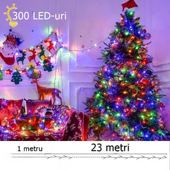 Instalatie de Craciun liniara Yoto, 24 m, din care 1 m cablu priza 220V, 300 LED, 8 jocuri de lumini, beculet in 6 colturi, pentru interior, controler, fir negru, multicolor