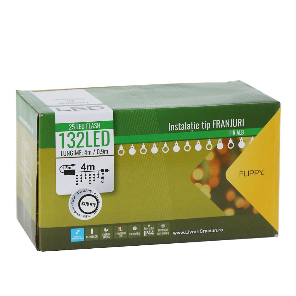 Instalatie de Craciun, Premium Kadeny®, Tip Franjuri cu Flash, 4 m, 132 LED-uri, Alb Rece, Interconectabila