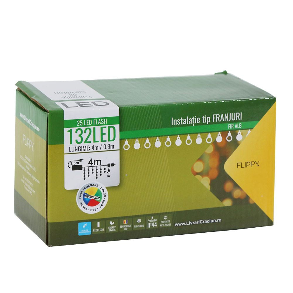 Instalatie de Craciun, Premium Kadeny®, Tip Franjuri cu Flash, 4 m, 132 LED-uri, Multicolor, Interconectabila