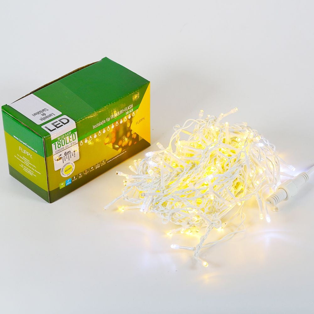 Instalatie de Craciun, Premium Kadeny®, Tip Franjuri cu Flash, 6 m, 180 LED-uri, Alb Cald, Interconectabila