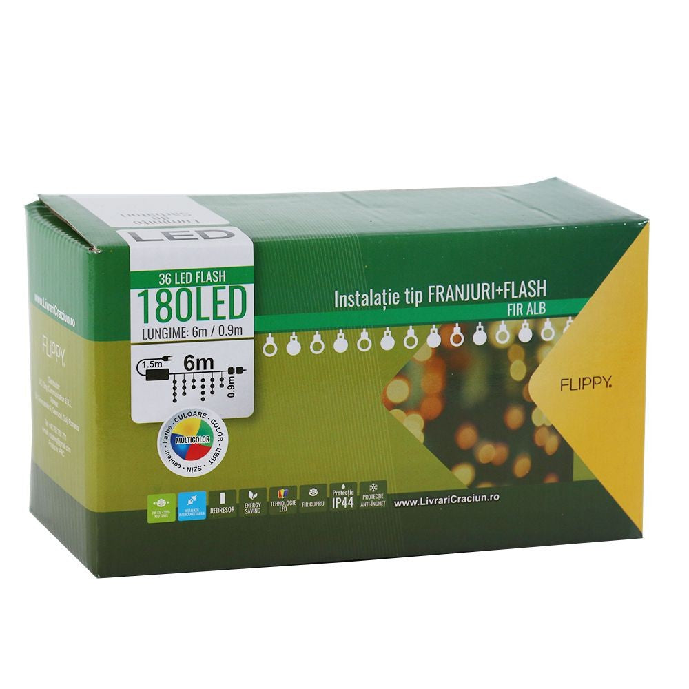 Instalatie de Craciun, Premium Kadeny®, Tip Franjuri cu Flash, 6 m, 180 LED-uri, Interconectabila, Multicolor