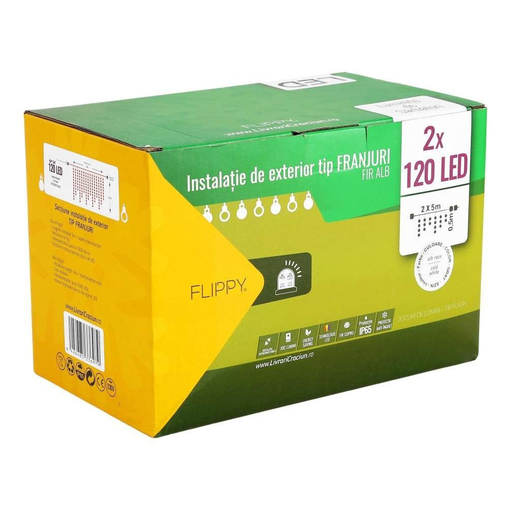 Instalatie de Craciun Premium Kadeny® Tip Franjuri, Flash, cu transformator, 10 m, 240 LED-uri, Interconectabila, Fir Alb, Alb Rece