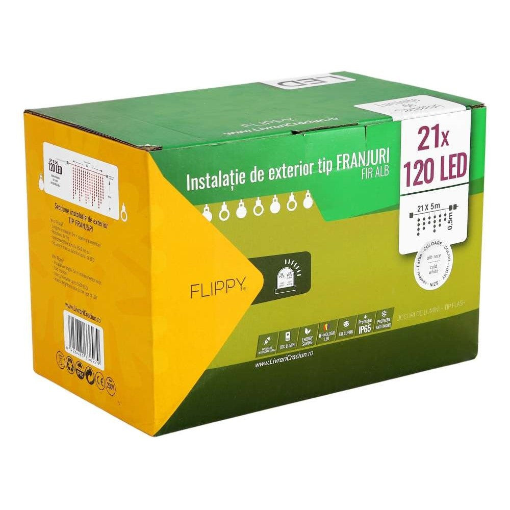 Instalatie de Craciun Premium Kadeny® Tip Franjuri, Flash, cu transformator, 105 m, 2520 LED-uri, Interconectabila, Fir Alb, Alb Rece