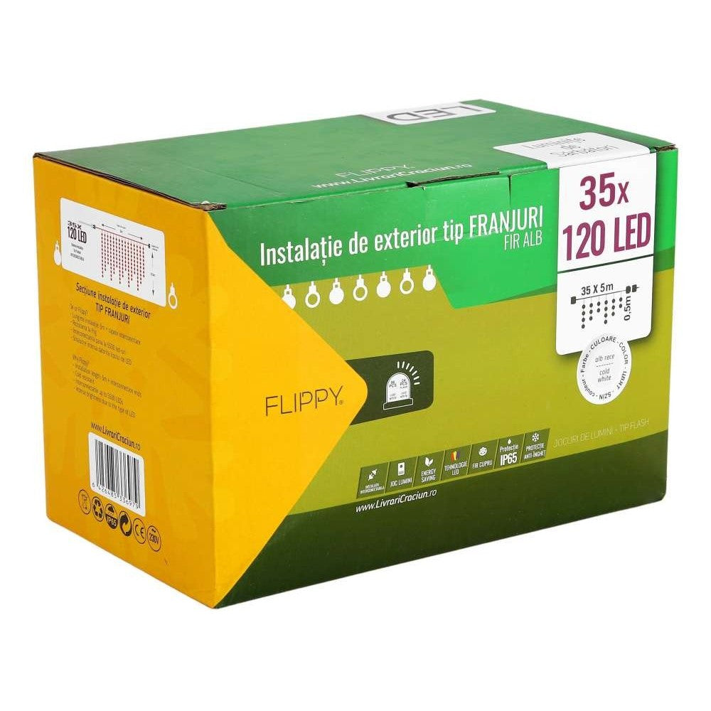 Instalatie de Craciun Premium Kadeny® Tip Franjuri, Flash, cu transformator, 175 m, 4200 LED-uri, Interconectabila, Fir Alb, Alb Rece