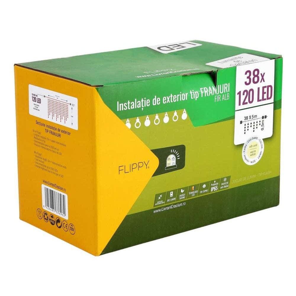 Instalatie de Craciun Premium Kadeny® Tip Franjuri, Flash, cu transformator, 190 m, 4560 LED-uri, Interconectabila, Fir Alb, Alb Cald