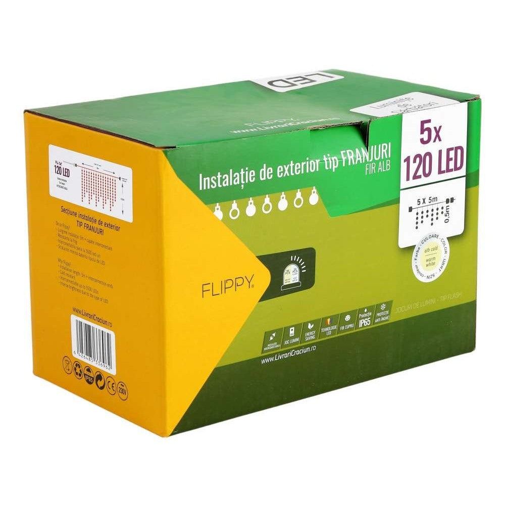 Instalatie de Craciun Premium Kadeny® Tip Franjuri, Flash, cu transformator, 25 m, 600 LED-uri, Interconectabila, Fir Alb, Alb Cald