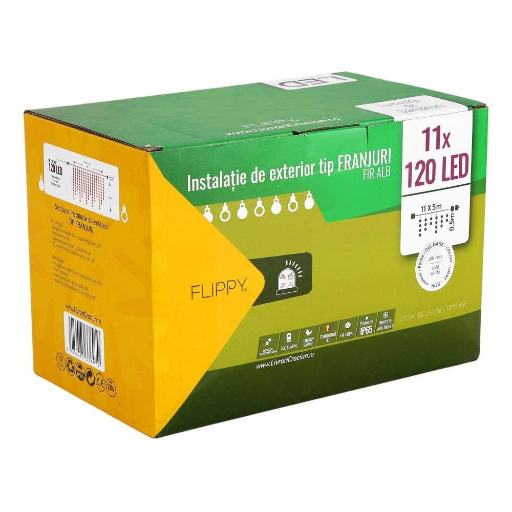 Instalatie de Craciun Premium Kadeny® Tip Franjuri, Flash, cu transformator, 55 m, 1320 LED-uri, Interconectabila, Fir Alb, Alb Rece